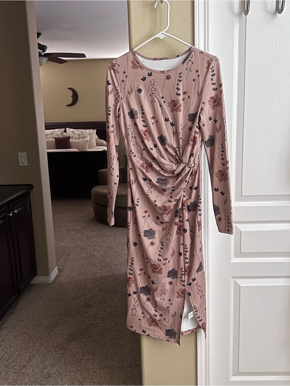 Long Sleeve Pink Floral Ruched Midi Dress
